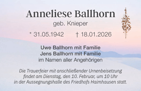 Traueranzeige von Anneliese Ballhorn von merkurtz