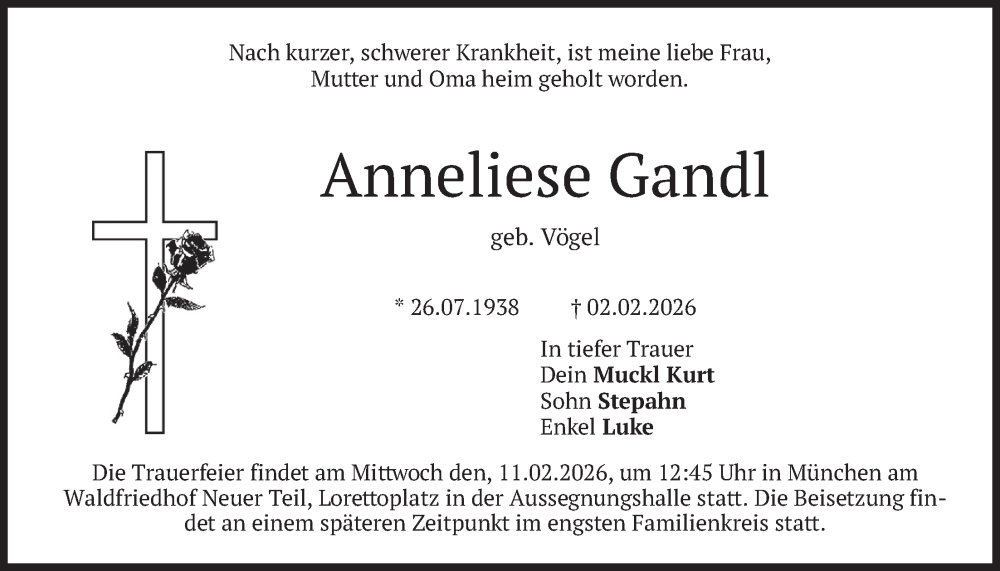  Traueranzeige für Anneliese Gandl vom 09.02.2026 aus merkurtz