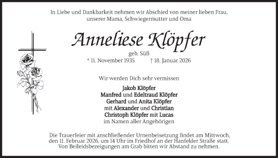 Traueranzeige von Anneliese Klöpfer von merkurtz