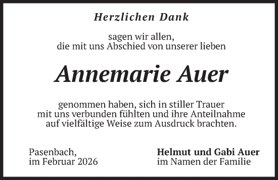 Traueranzeige von Annemarie Auer von merkurtz