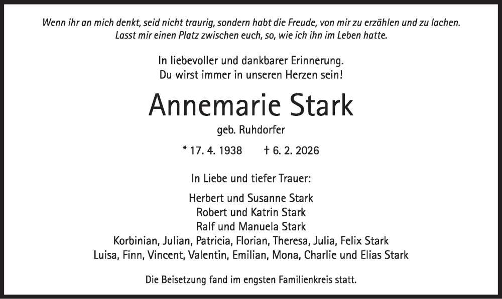  Traueranzeige für Annemarie Stark vom 14.02.2026 aus merkurtz