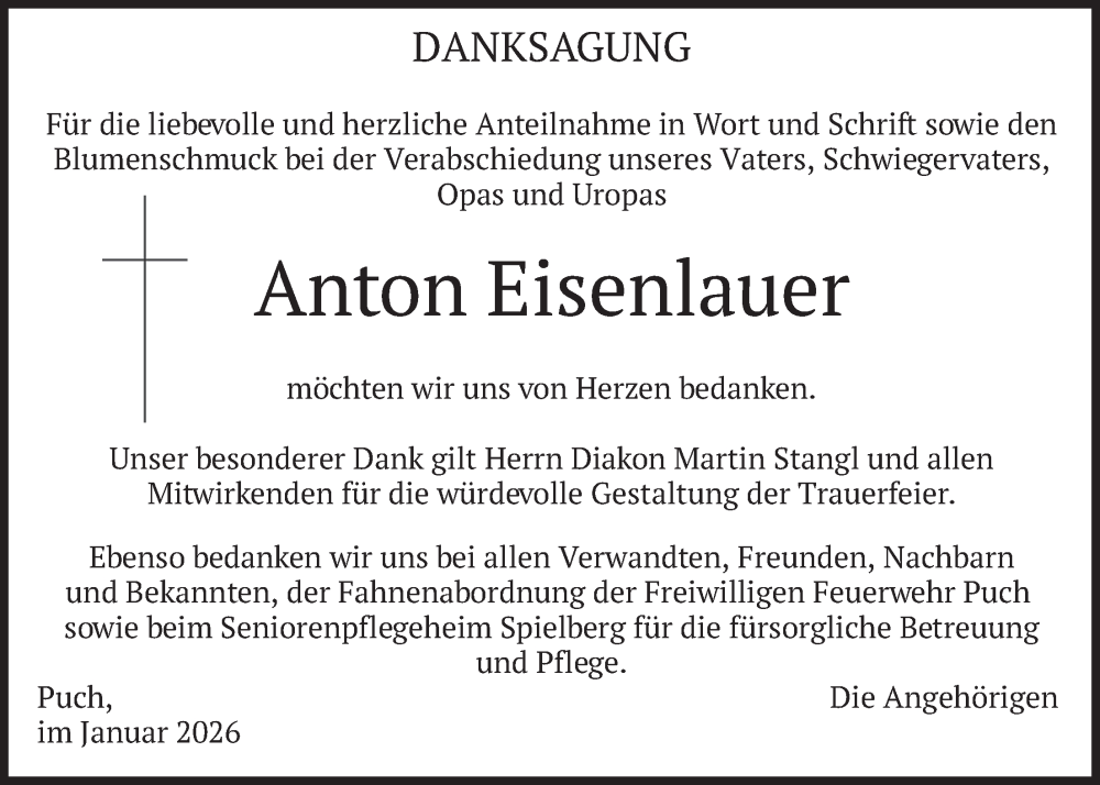 Traueranzeige für Anton Eisenlauer vom 07.02.2026 aus merkurtz