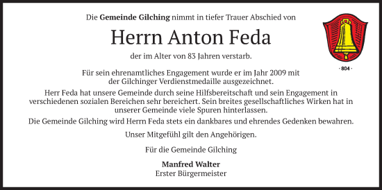Traueranzeige von Anton Feda von merkurtz