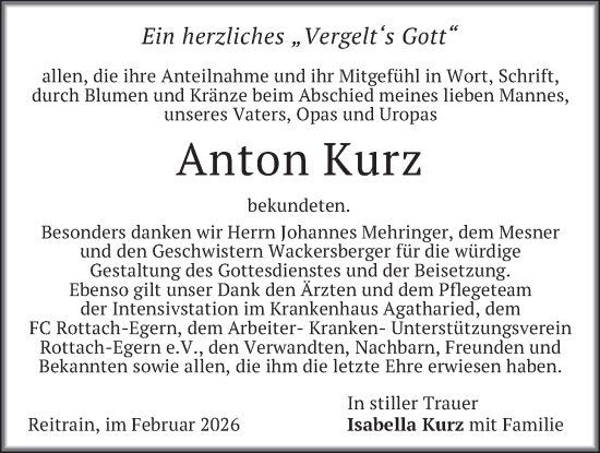 Traueranzeige von Anton Kurz von merkurtz