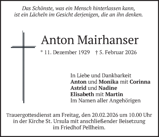 Traueranzeige von Anton Mairhanser von merkurtz