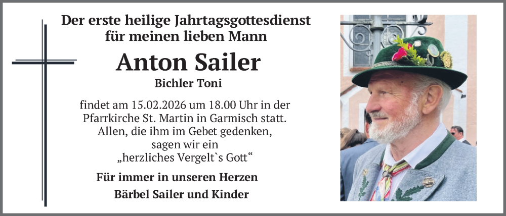 Traueranzeige für Anton Sailer vom 07.02.2026 aus merkurtz