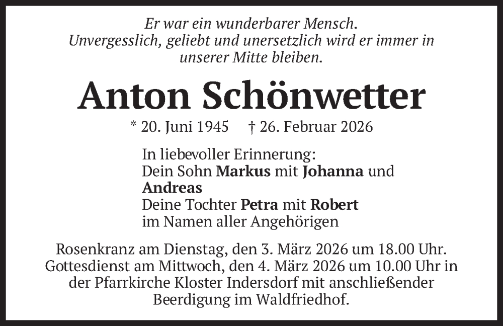 Traueranzeige für Anton Schönwetter vom 28.02.2026 aus merkurtz