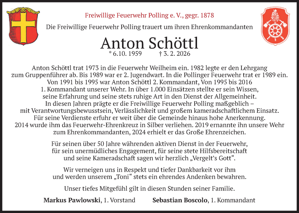  Traueranzeige für Anton Schöttl vom 10.02.2026 aus merkurtz