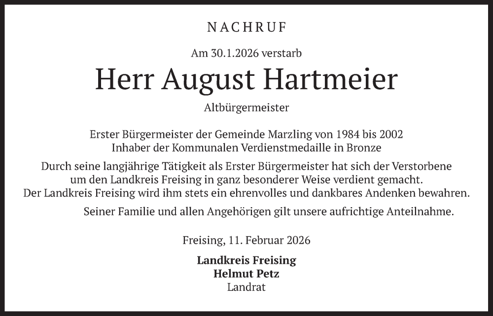  Traueranzeige für August Hartmeier vom 11.02.2026 aus merkurtz