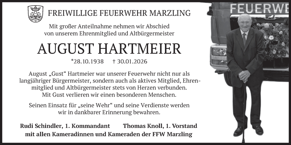  Traueranzeige für August Hartmeier vom 07.02.2026 aus merkurtz
