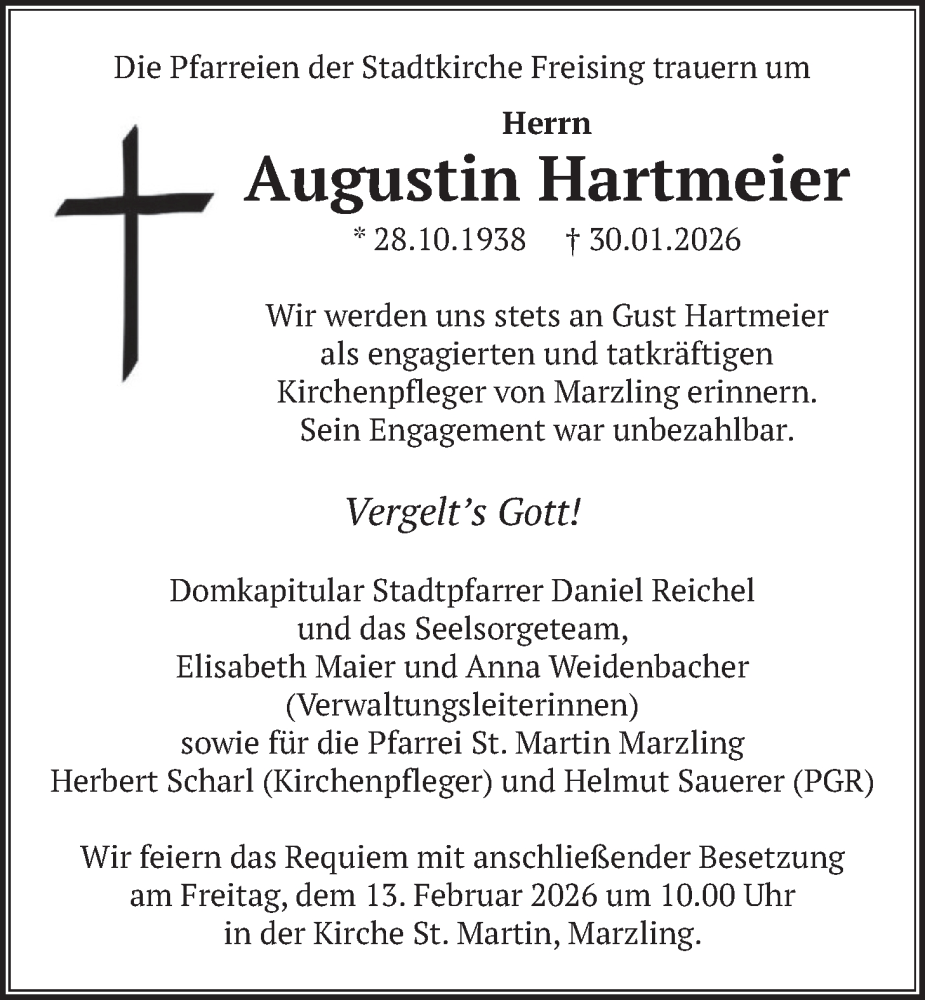  Traueranzeige für Augustin Hartmeier vom 07.02.2026 aus merkurtz