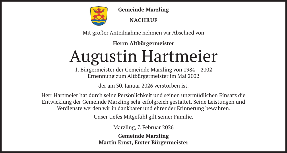  Traueranzeige für Augustin Hartmeier vom 07.02.2026 aus merkurtz