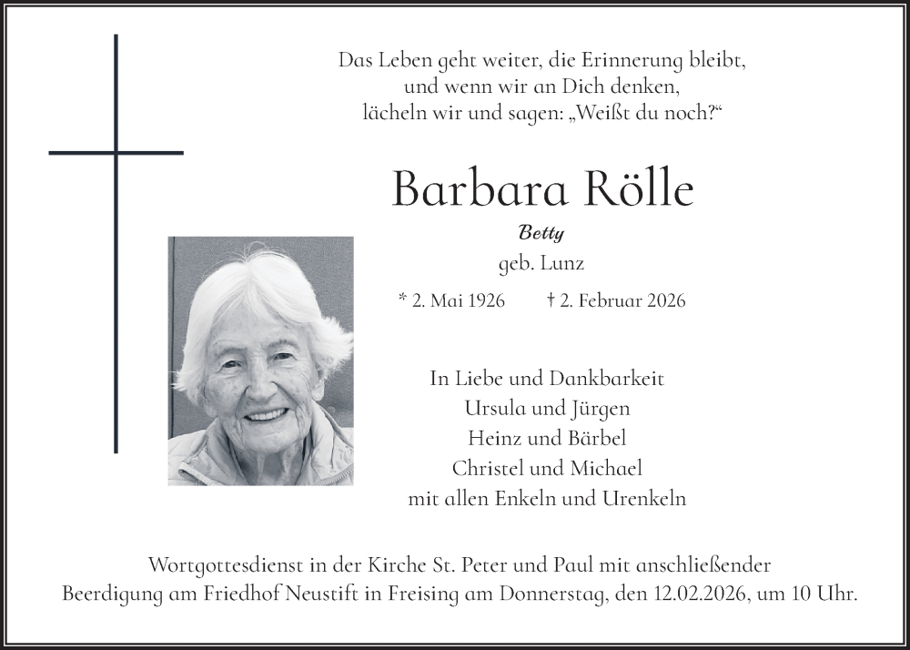  Traueranzeige für Barbara Rölle vom 07.02.2026 aus merkurtz