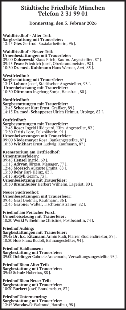  Traueranzeige für Beerdigungen vom 05.02.2026 vom 05.02.2026 aus merkurtz