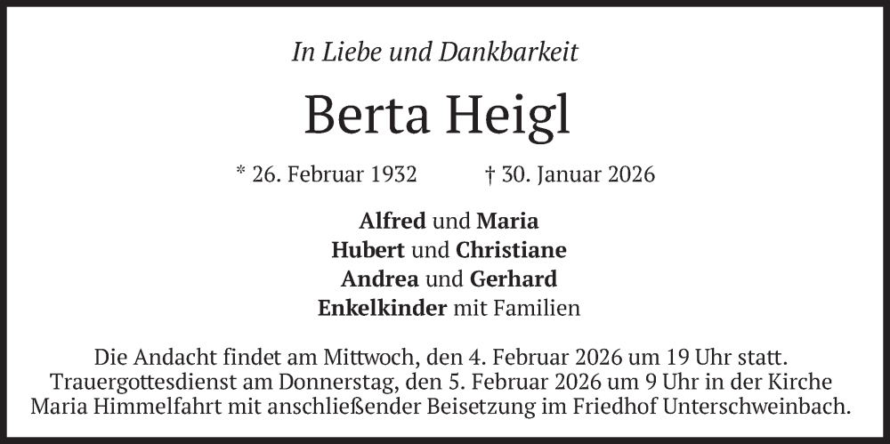  Traueranzeige für Berta Heigl vom 04.02.2026 aus merkurtz