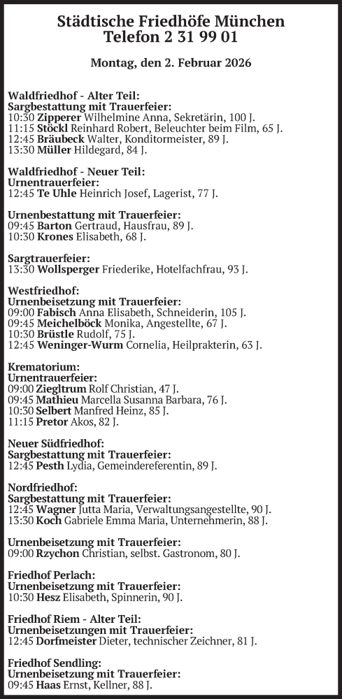  Traueranzeige für Bestattungen vom 02.02.2026 vom 02.02.2026 aus merkurtz