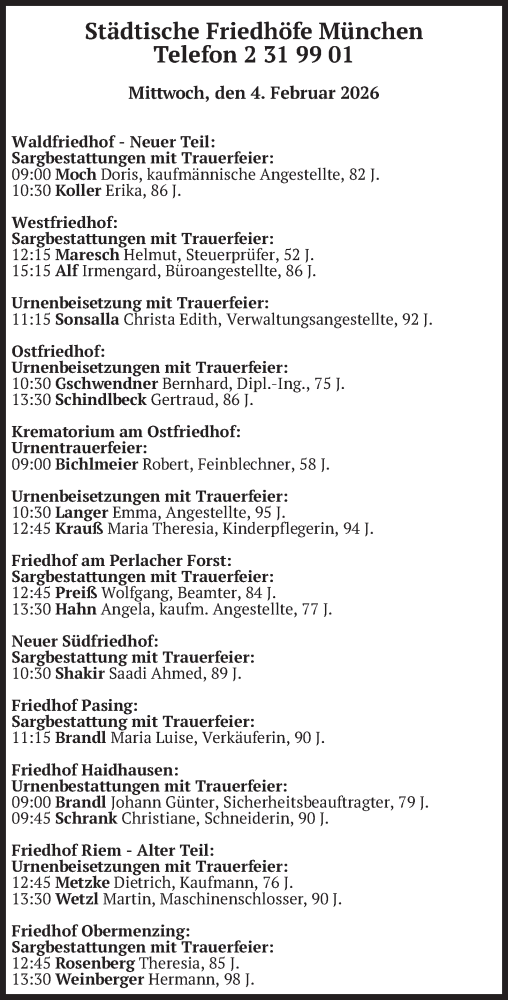  Traueranzeige für Bestattungen vom 04.02.2026 vom 04.02.2026 aus merkurtz