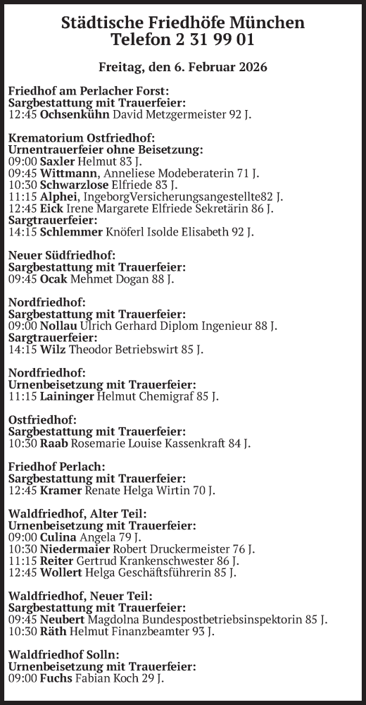  Traueranzeige für Bestattungen vom 06.02.2026 vom 06.02.2026 aus merkurtz