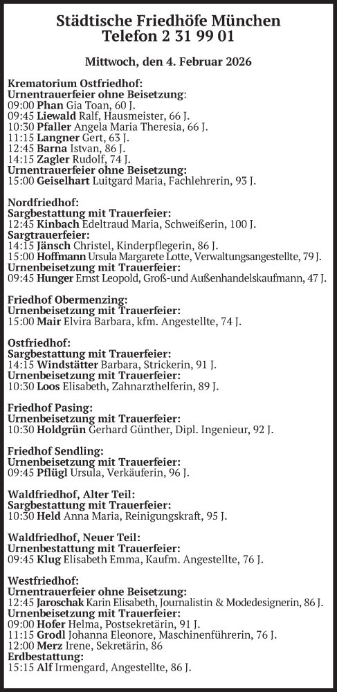  Traueranzeige für Bestattungen vom 09.02.2026 vom 09.02.2026 aus merkurtz