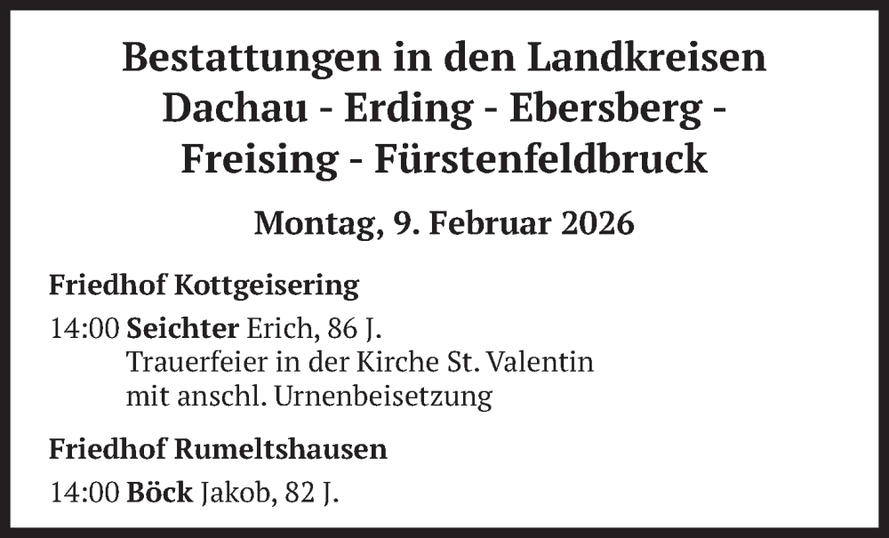  Traueranzeige für Bestattungen vom 09.02.2026 vom 09.02.2026 aus merkurtz