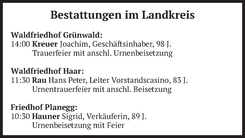  Traueranzeige für Bestattungen vom 09.02.2026 vom 09.02.2026 aus merkurtz