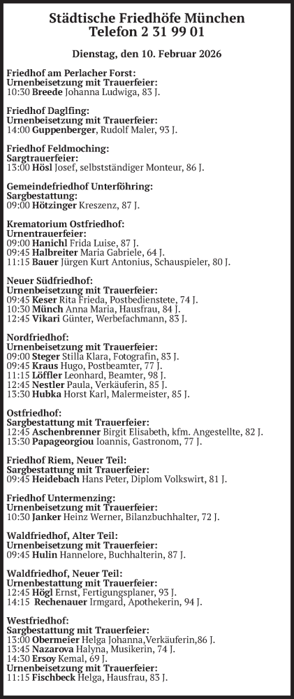  Traueranzeige für Bestattungen vom 10.02.2026 vom 10.02.2026 aus merkurtz