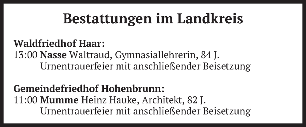  Traueranzeige für Bestattungen vom 11.02.2026 vom 11.02.2026 aus merkurtz