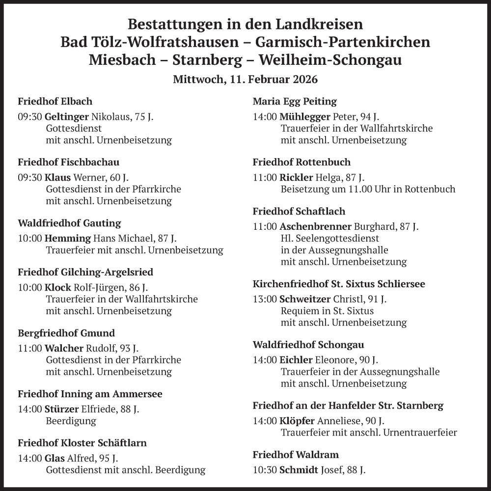  Traueranzeige für Bestattungen vom 11.02.2026 vom 11.02.2026 aus merkurtz