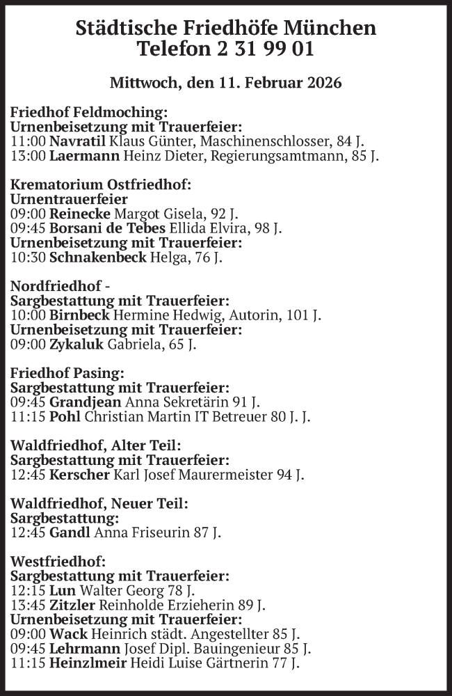  Traueranzeige für Bestattungen vom 11.02.2026 vom 11.02.2026 aus merkurtz