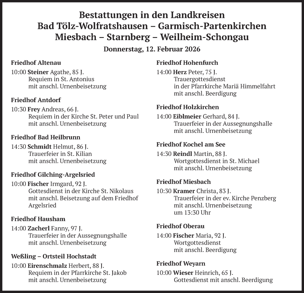  Traueranzeige für Bestattungen vom 12.02.2026 vom 12.02.2026 aus merkurtz