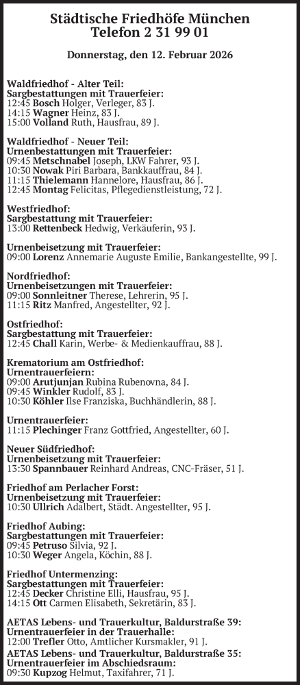  Traueranzeige für Bestattungen vom 12.02.2026 vom 12.02.2026 aus merkurtz