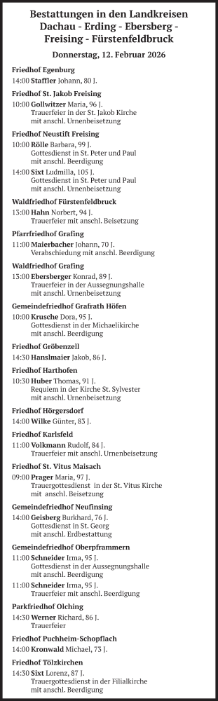  Traueranzeige für Bestattungen vom 12.02.2026 vom 12.02.2026 aus merkurtz