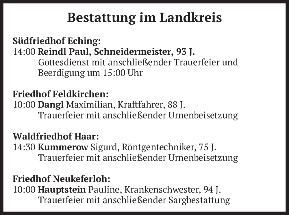  Traueranzeige für Bestattungen vom 13.02.2026 vom 13.02.2026 aus merkurtz