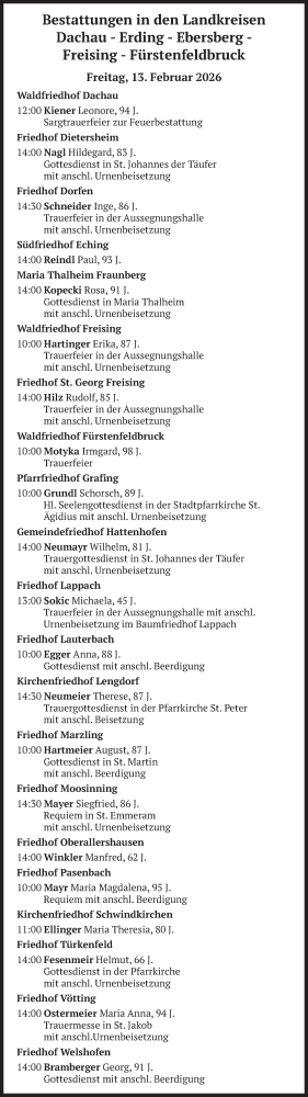  Traueranzeige für Bestattungen vom 13.02.2026 vom 13.02.2026 aus merkurtz