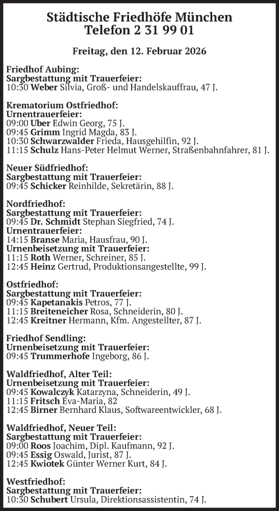 Traueranzeige für Bestattungen vom 13.02.2026 vom 13.02.2026 aus merkurtz