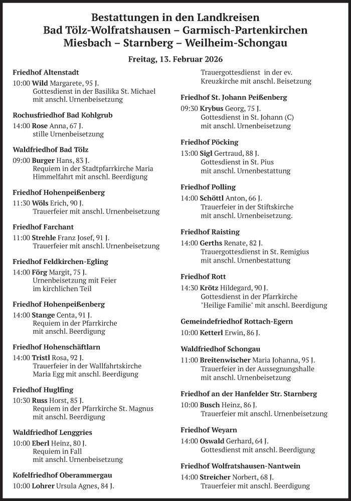  Traueranzeige für Bestattungen vom 13.02.2026 vom 13.02.2026 aus merkurtz