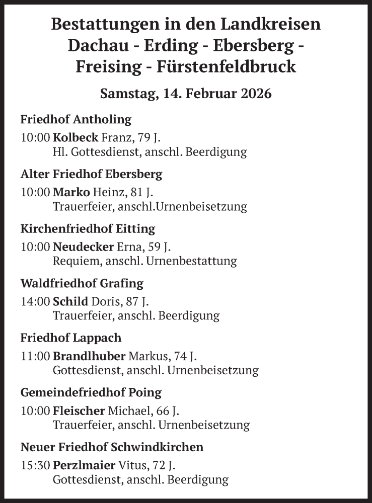  Traueranzeige für Bestattungen vom 14.02.2026 vom 14.02.2026 aus merkurtz