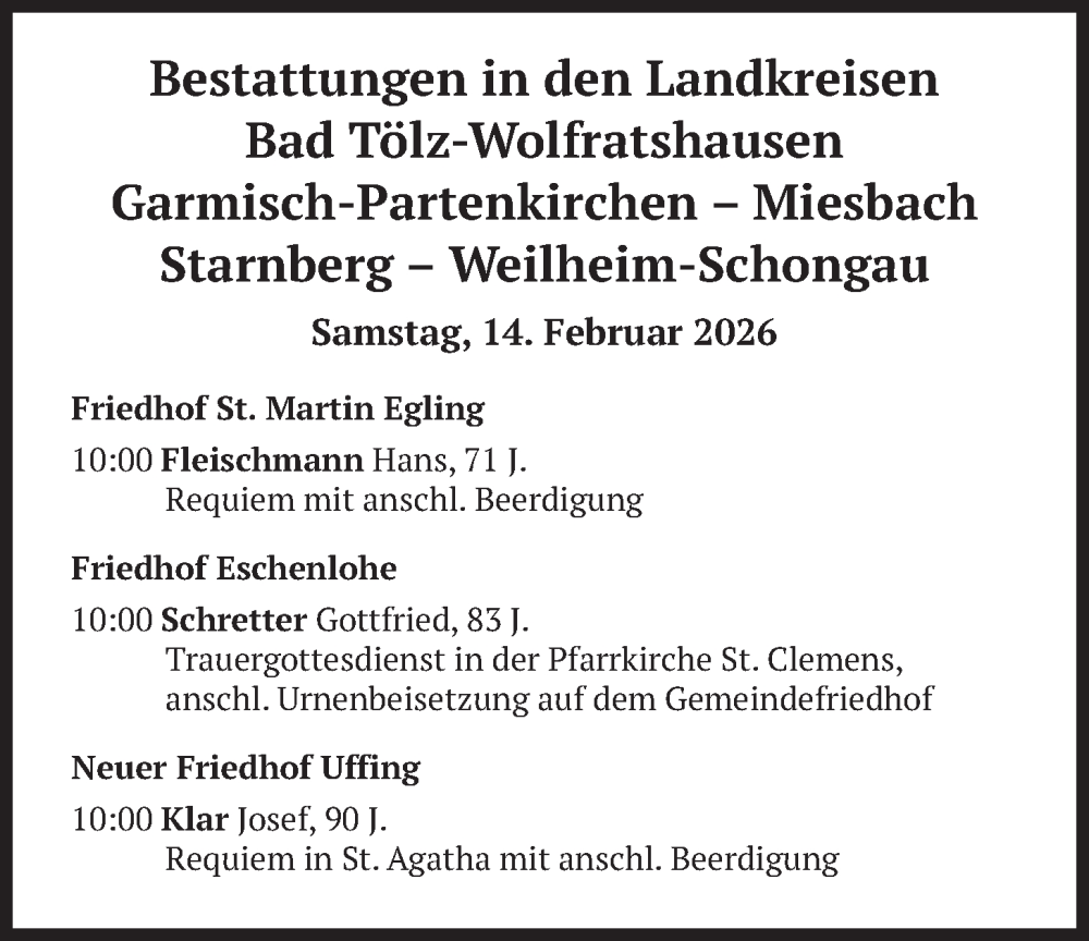  Traueranzeige für Bestattungen vom 14.02.2026 vom 14.02.2026 aus merkurtz