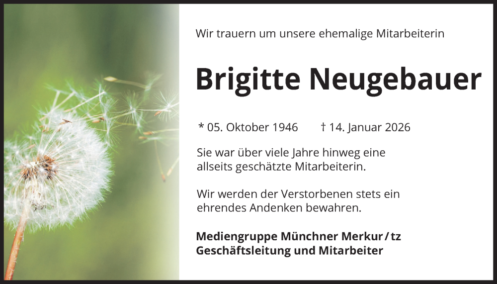  Traueranzeige für Brigitte Neugebauer vom 13.02.2026 aus merkurtz