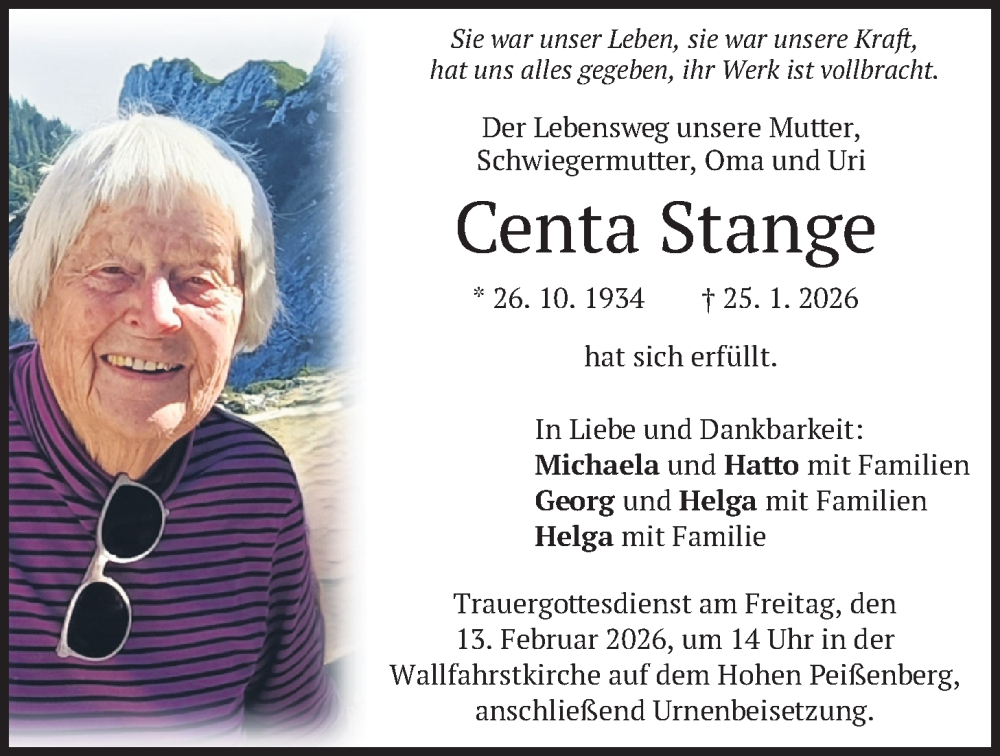  Traueranzeige für Centa Stange vom 10.02.2026 aus merkurtz