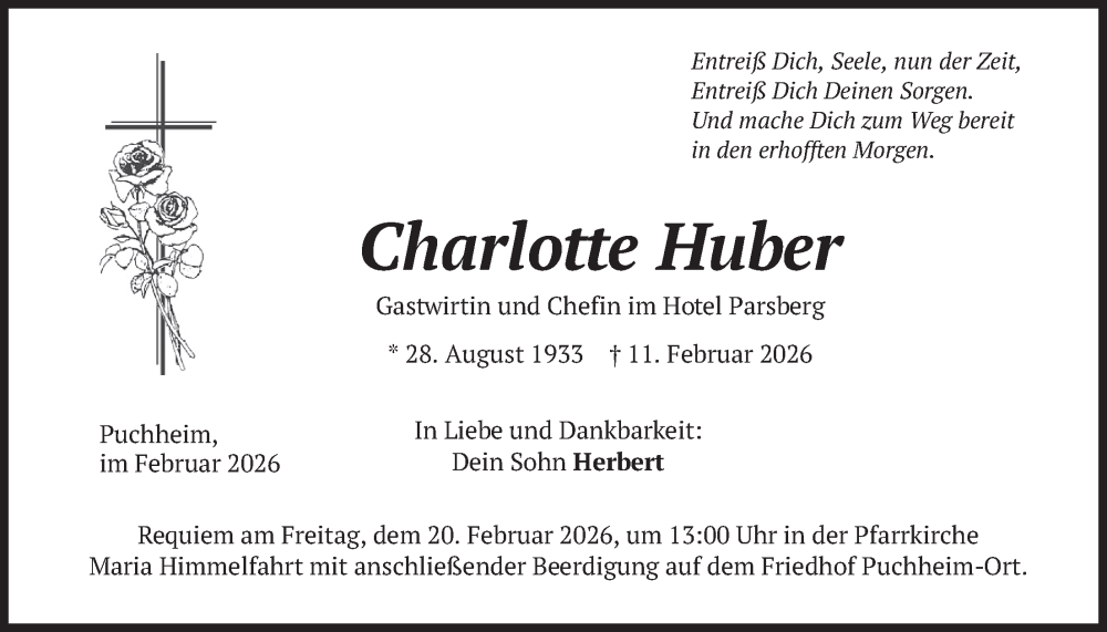  Traueranzeige für Charlotte Huber vom 17.02.2026 aus merkurtz