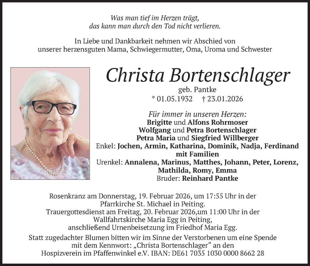  Traueranzeige für Christa Bortenschlager vom 14.02.2026 aus merkurtz