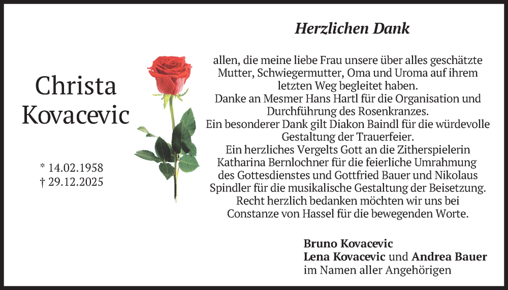  Traueranzeige für Christa Kovacevic vom 07.02.2026 aus merkurtz