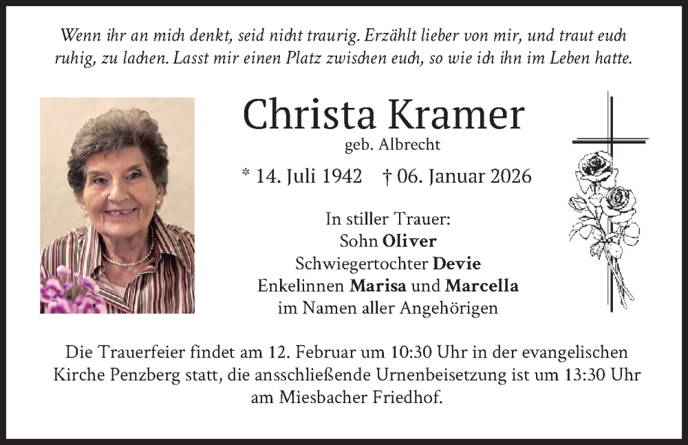  Traueranzeige für Christa Kramer vom 07.02.2026 aus merkurtz