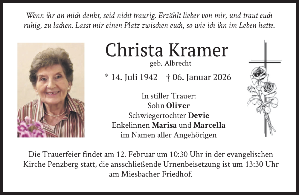 Traueranzeige für Christa Kramer vom 07.02.2026 aus Das Gelbe Blatt Penzberg