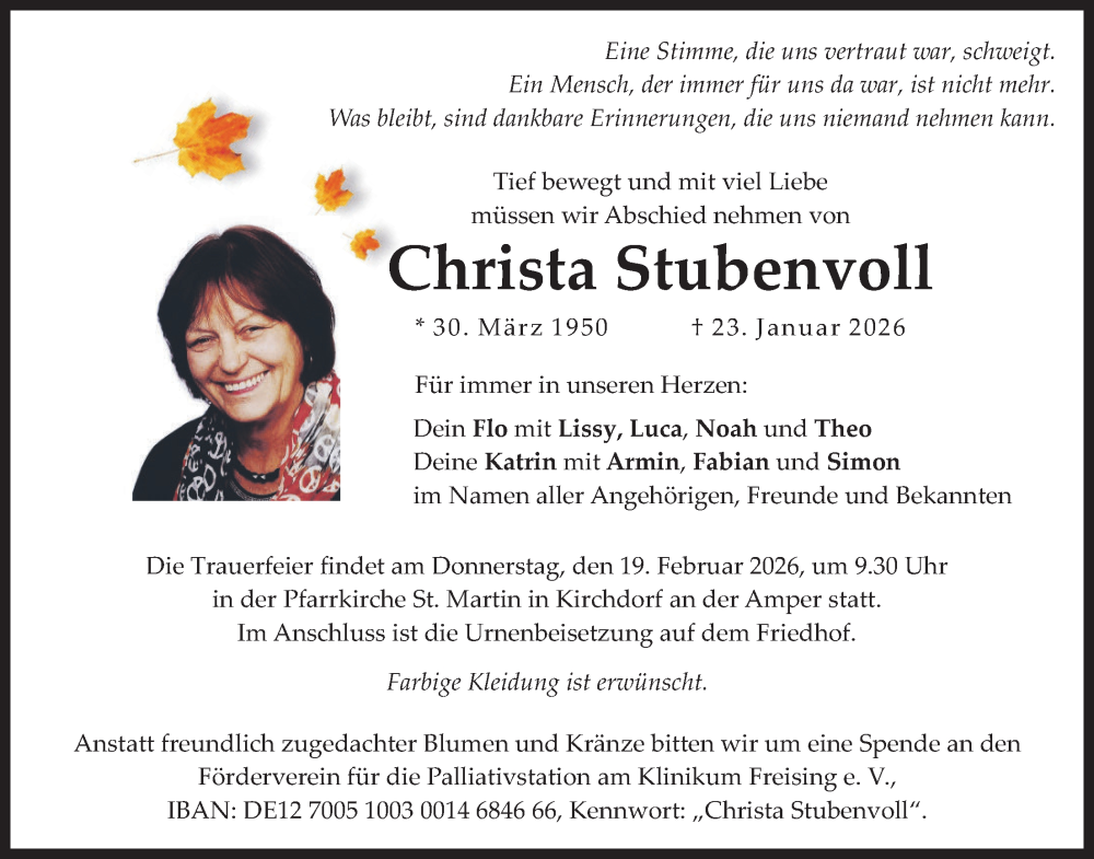  Traueranzeige für Christa Stubenvoll vom 07.02.2026 aus merkurtz