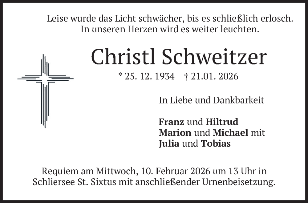  Traueranzeige für Christl Schweitzer vom 07.02.2026 aus merkurtz
