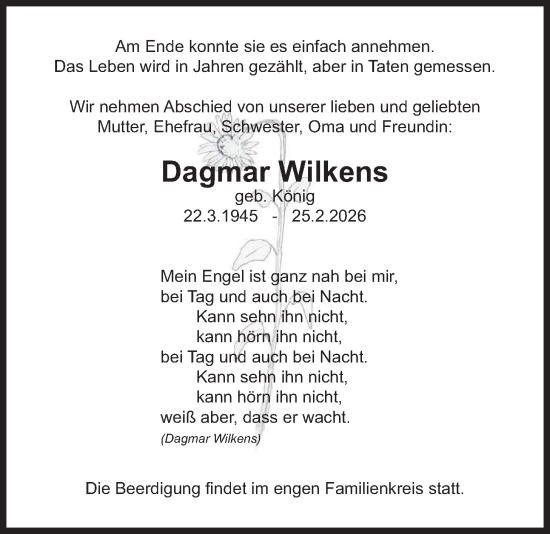 Traueranzeige von Dagmar Wilkens von merkurtz