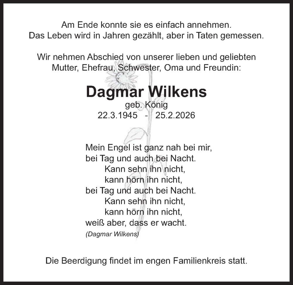  Traueranzeige für Dagmar Wilkens vom 28.02.2026 aus merkurtz