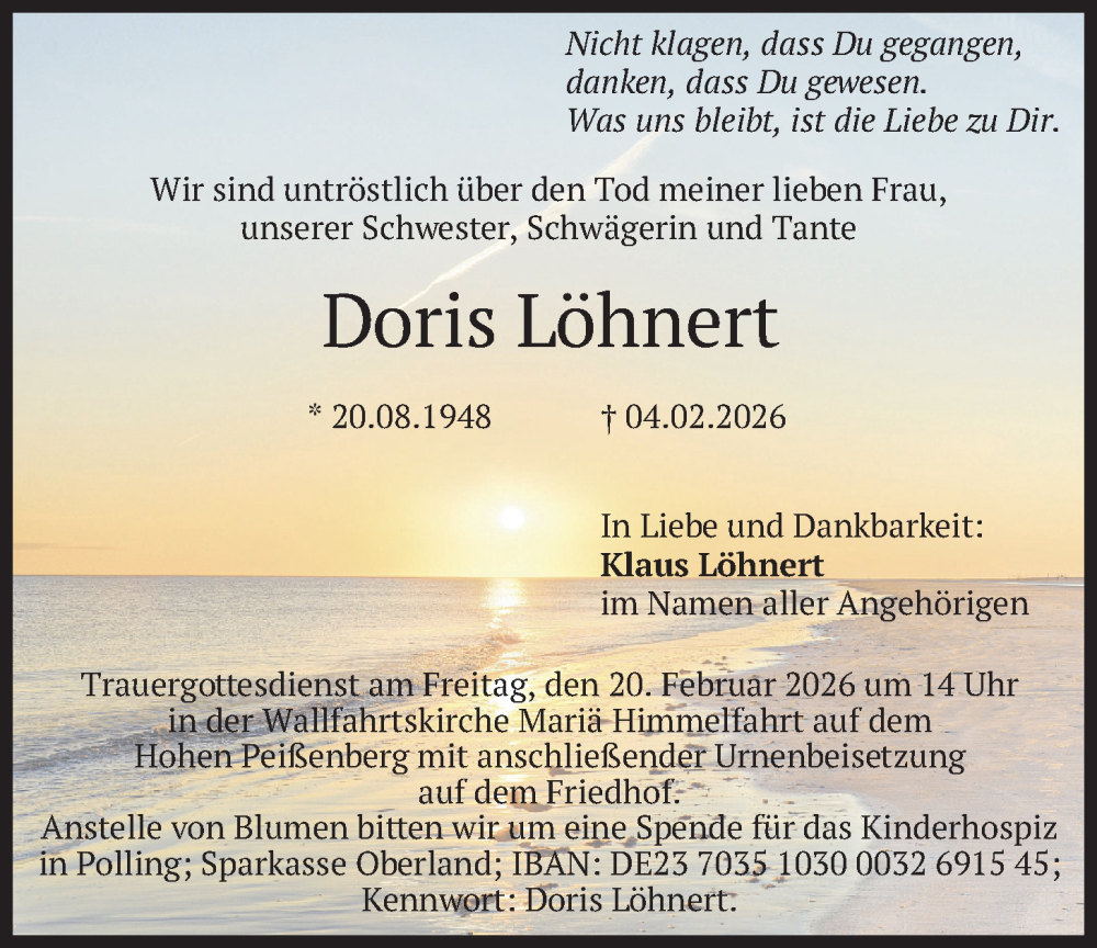  Traueranzeige für Doris Löhnert vom 16.02.2026 aus merkurtz